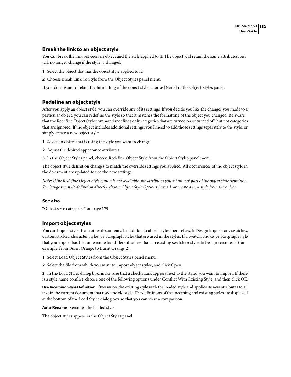 Break the link to an object style, Redefine an object style, Import object styles | Adobe InDesign CS3 User Manual | Page 189 / 672