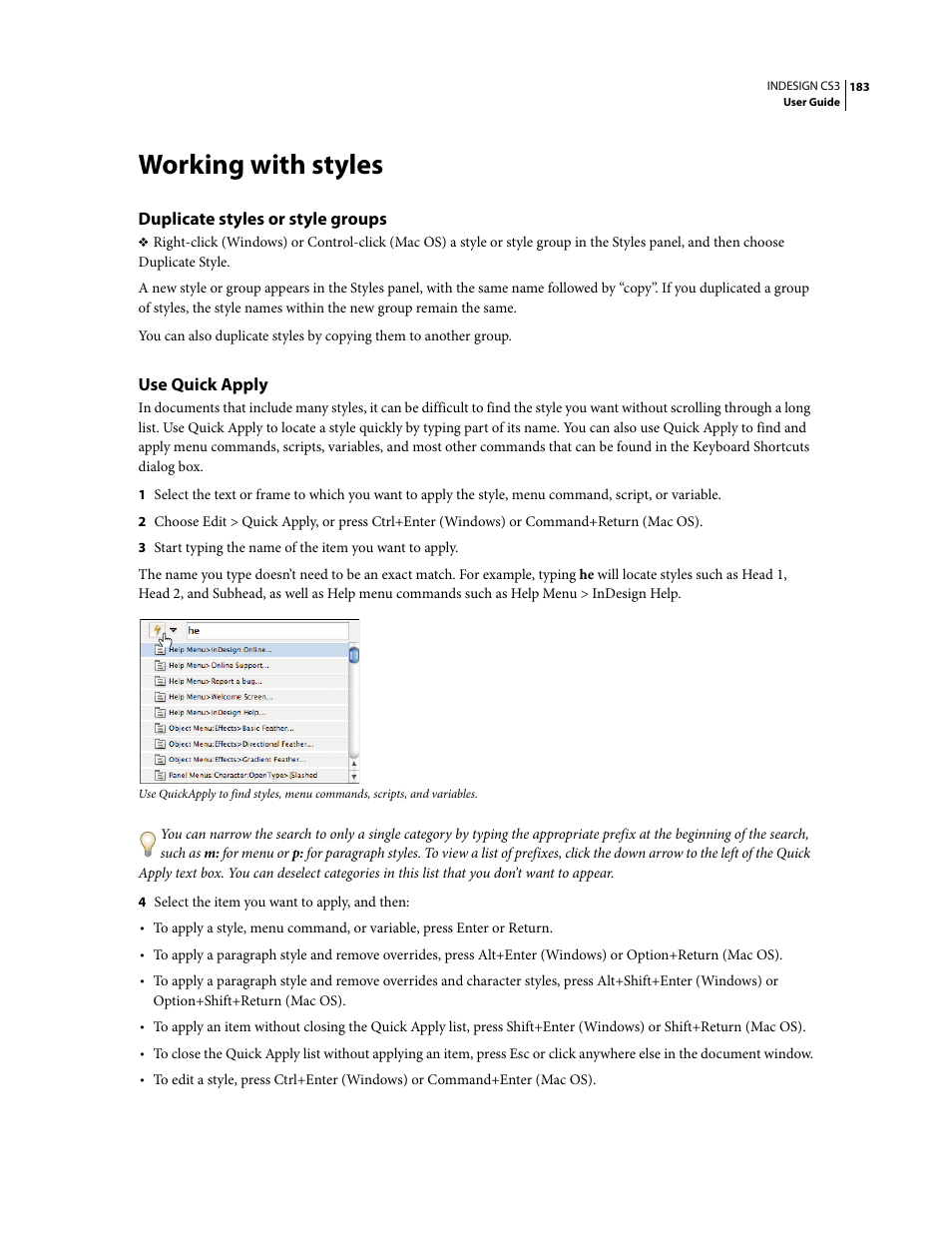 Working with styles, Duplicate styles or style groups, Use quick apply | Adobe InDesign CS3 User Manual | Page 190 / 672