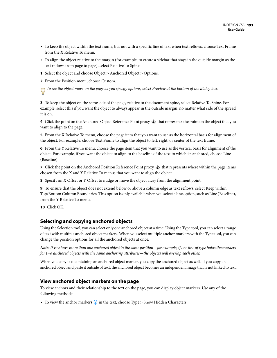 Selecting and copying anchored objects | Adobe InDesign CS3 User Manual | Page 200 / 672