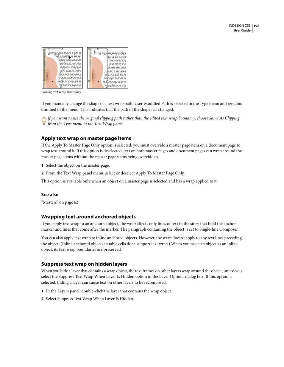 Wrapping text around anchored objects, Suppress text wrap on hidden layers | Adobe InDesign CS3 User Manual | Page 205 / 672