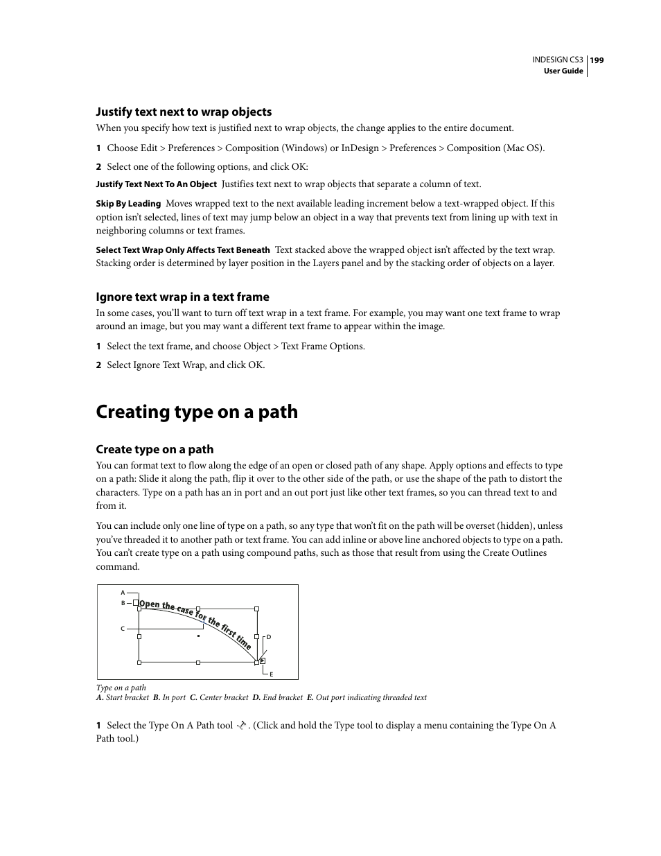 Justify text next to wrap objects, Ignore text wrap in a text frame, Creating type on a path | Create type on a path | Adobe InDesign CS3 User Manual | Page 206 / 672