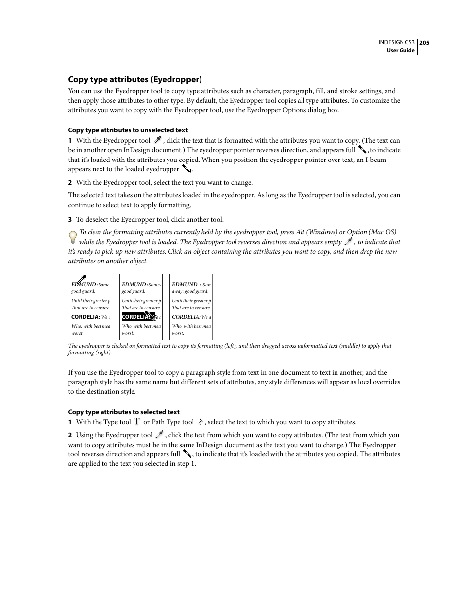 Copy type attributes (eyedropper) | Adobe InDesign CS3 User Manual | Page 212 / 672