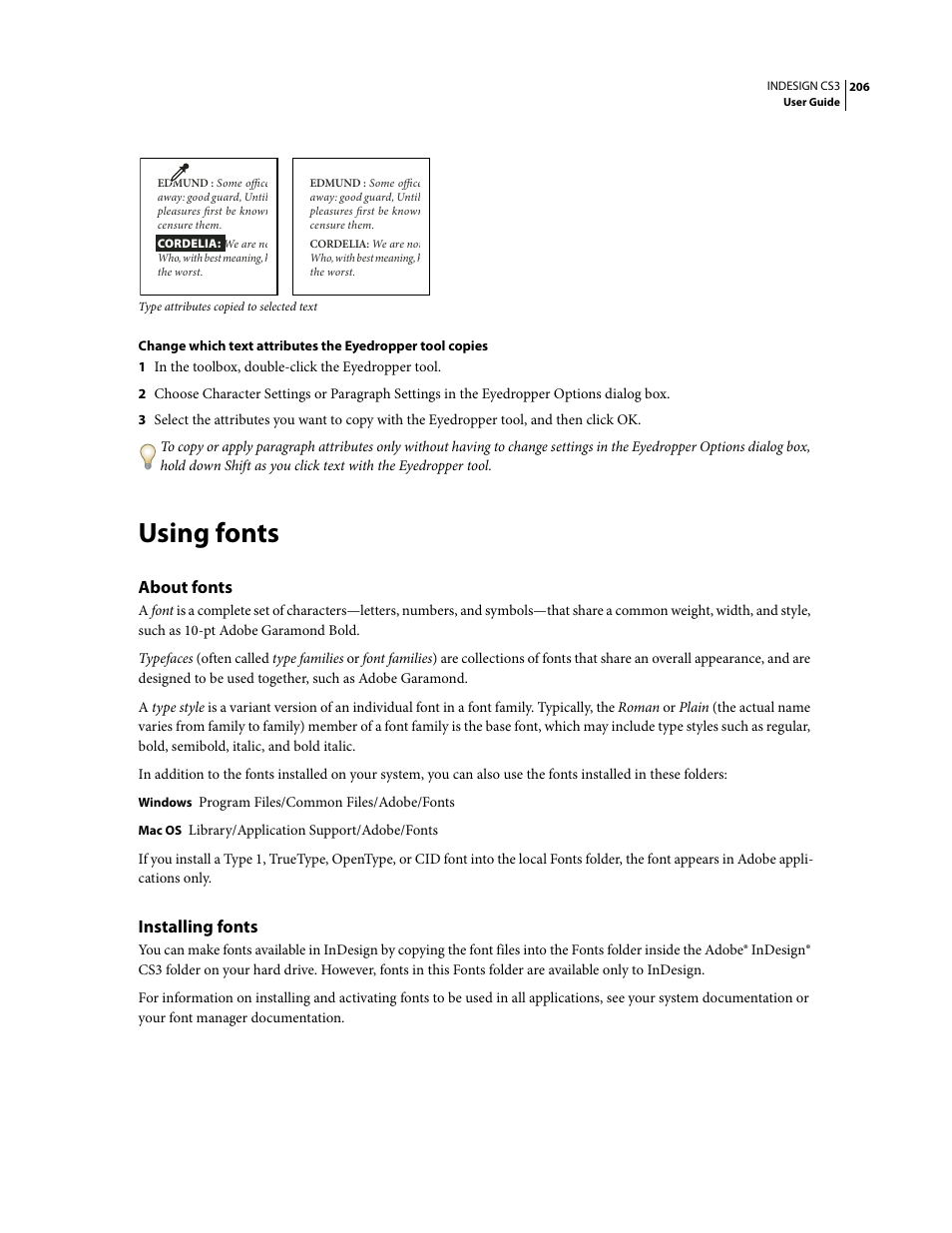 Using fonts, About fonts, Installing fonts | Adobe InDesign CS3 User Manual | Page 213 / 672