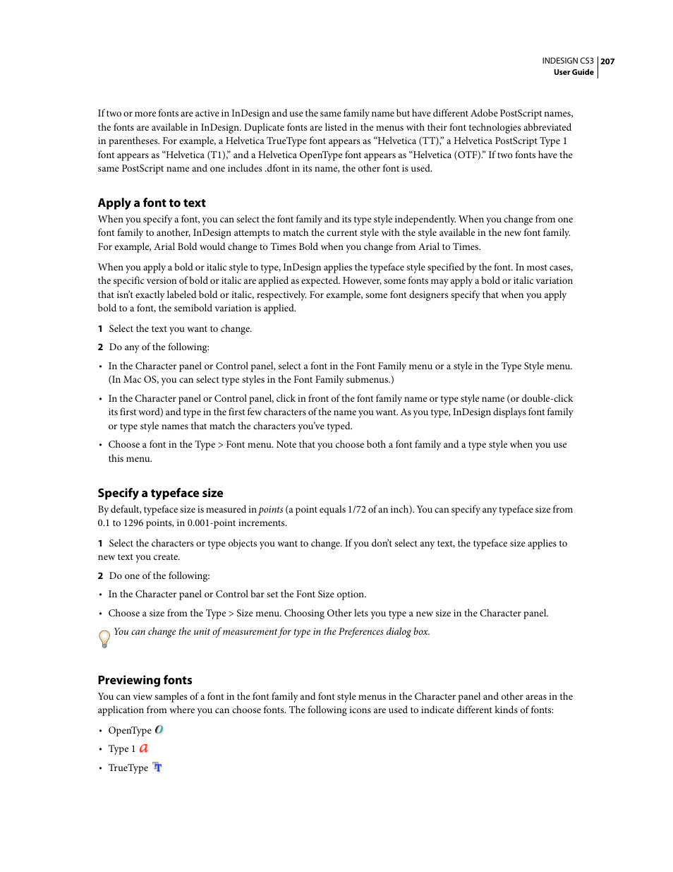 Apply a font to text, Specify a typeface size, Previewing fonts | Adobe InDesign CS3 User Manual | Page 214 / 672