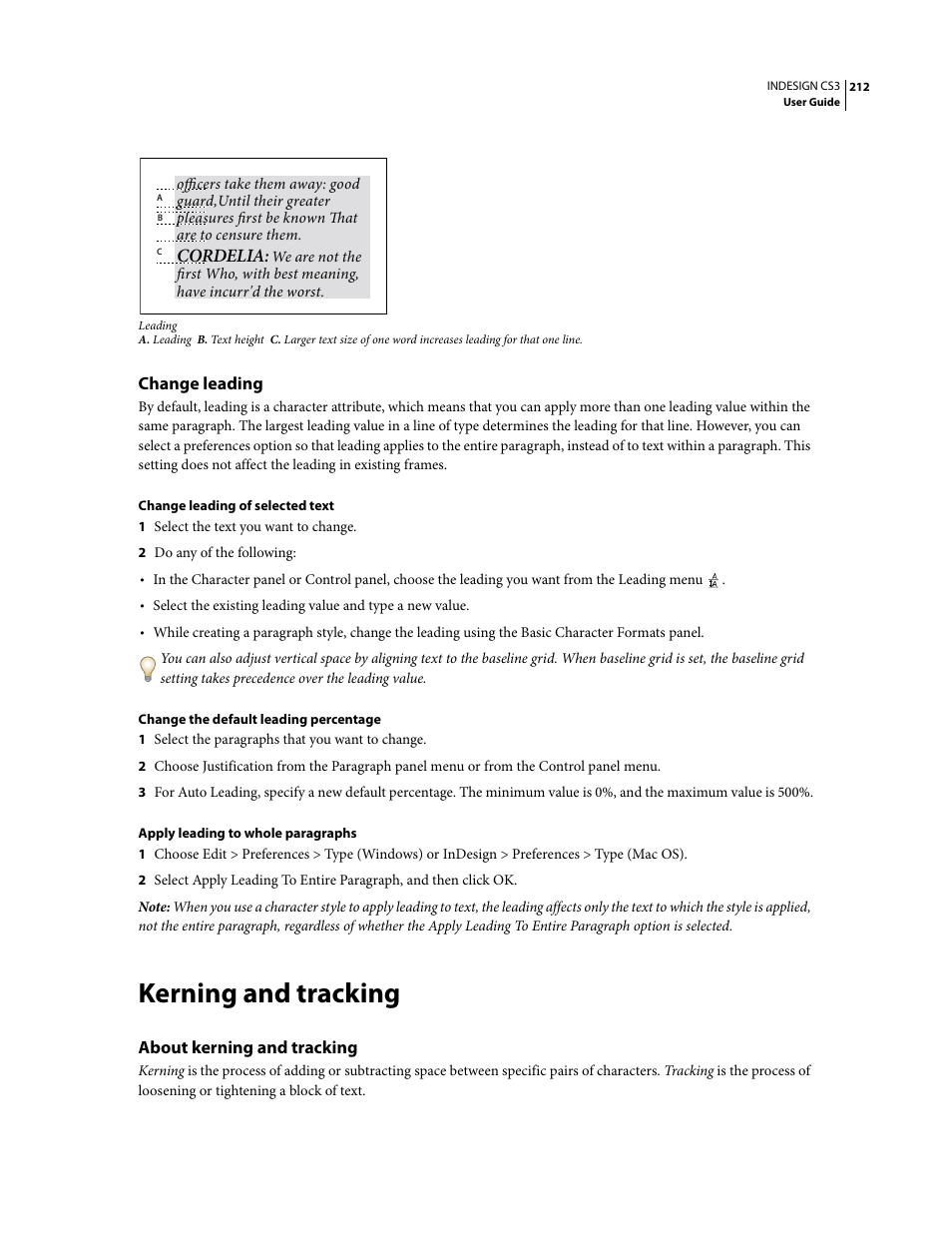 Change leading, Kerning and tracking, About kerning and tracking | Cordelia | Adobe InDesign CS3 User Manual | Page 219 / 672