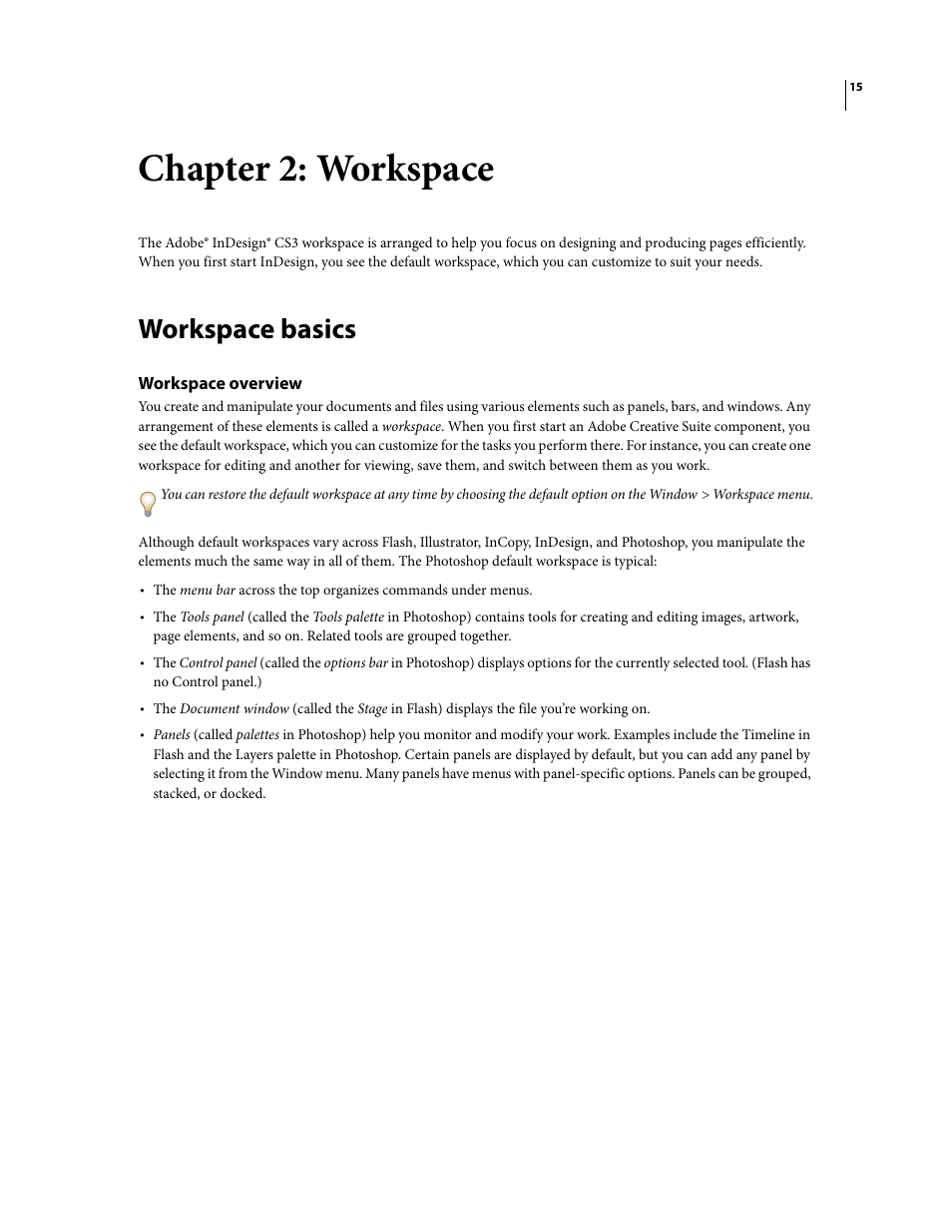 Chapter 2: workspace, Workspace basics, Workspace overview | Adobe InDesign CS3 User Manual | Page 22 / 672