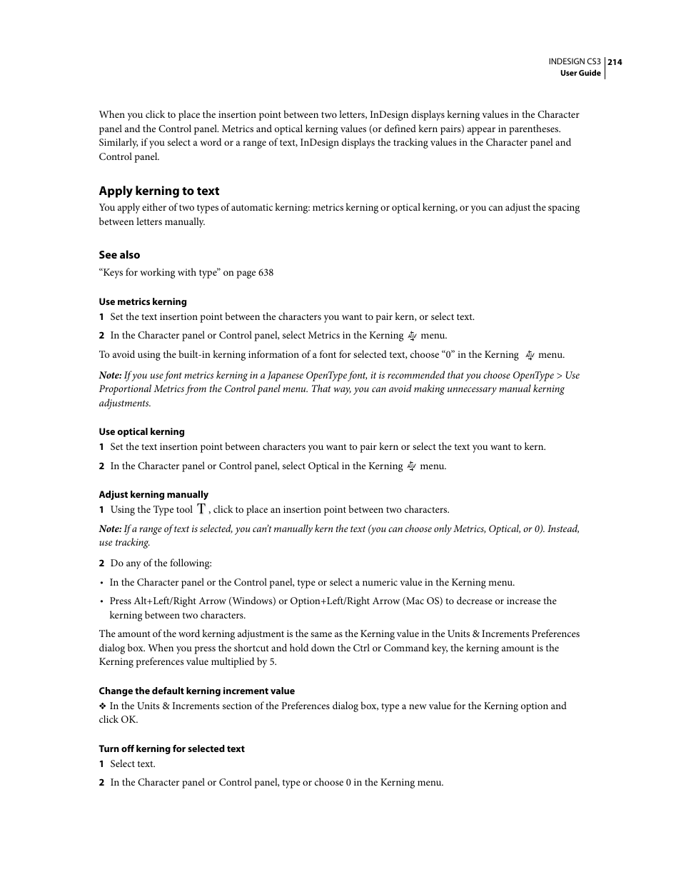 Apply kerning to text | Adobe InDesign CS3 User Manual | Page 221 / 672