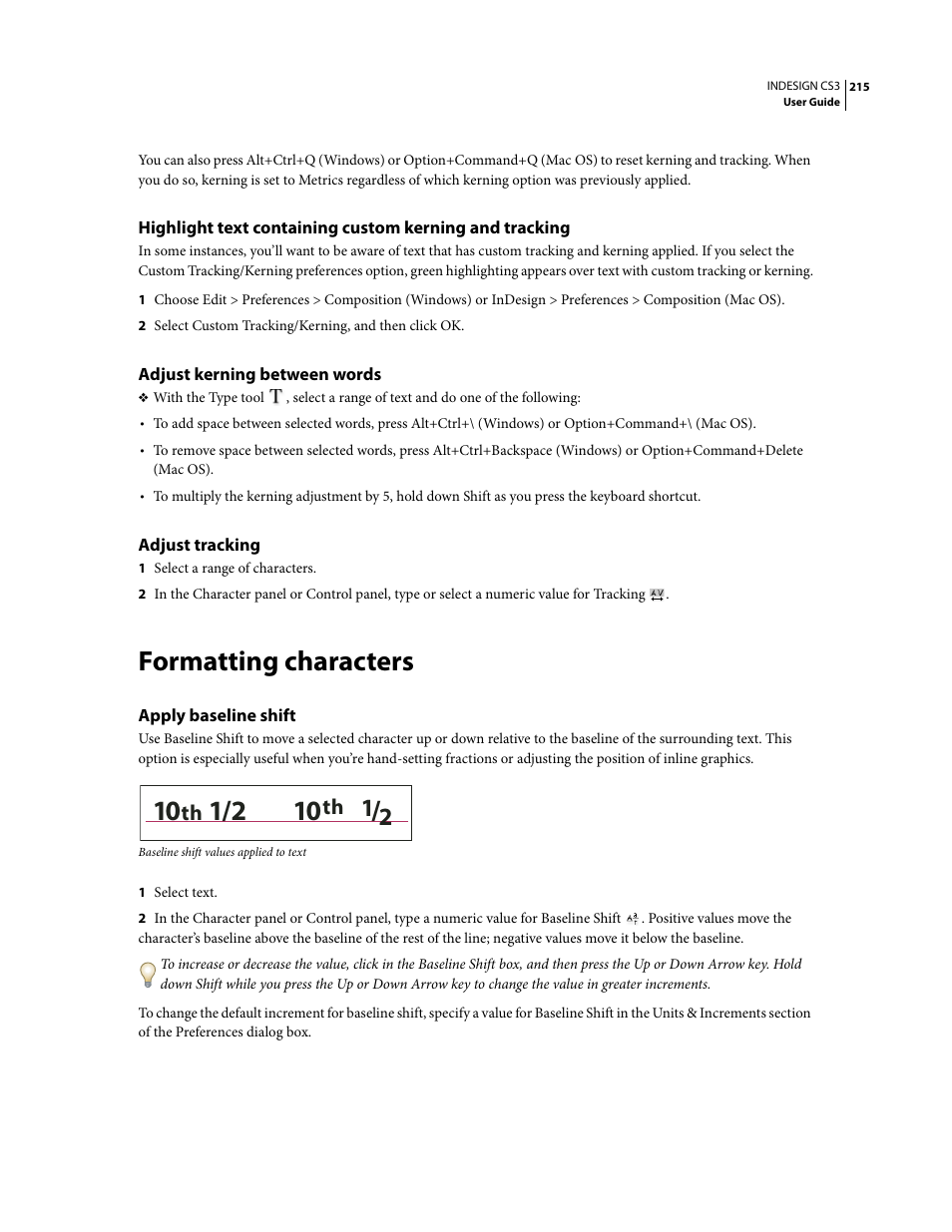 Adjust kerning between words, Adjust tracking, Formatting characters | Apply baseline shift | Adobe InDesign CS3 User Manual | Page 222 / 672