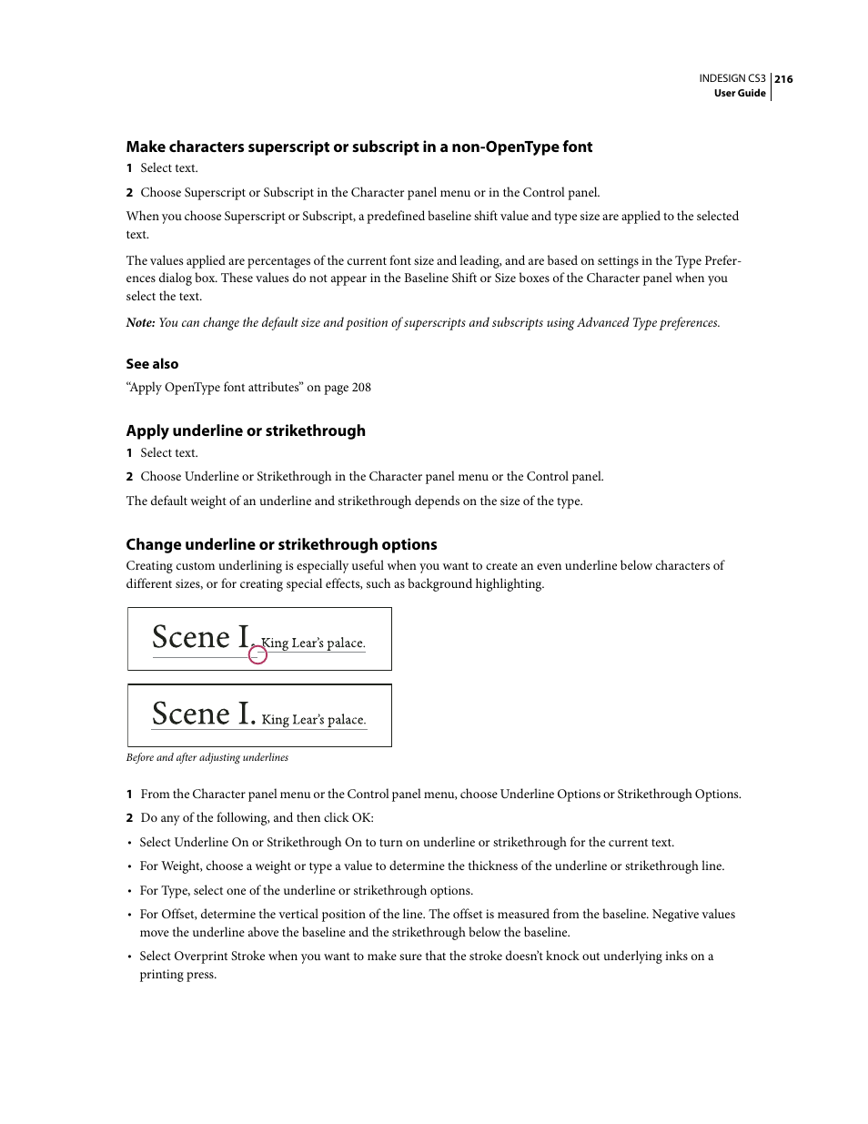 Apply underline or strikethrough, Change underline or strikethrough options | Adobe InDesign CS3 User Manual | Page 223 / 672