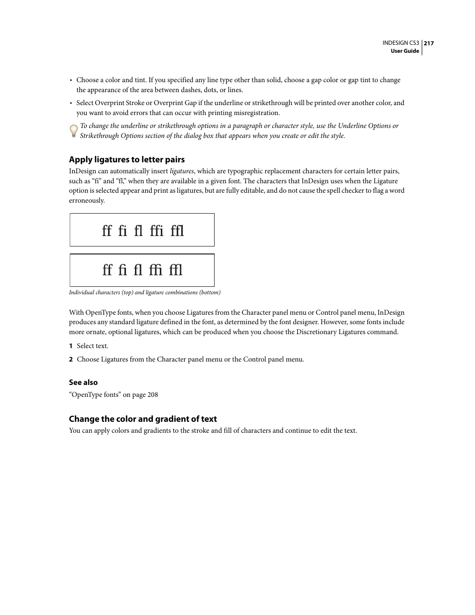 Apply ligatures to letter pairs, Change the color and gradient of text | Adobe InDesign CS3 User Manual | Page 224 / 672