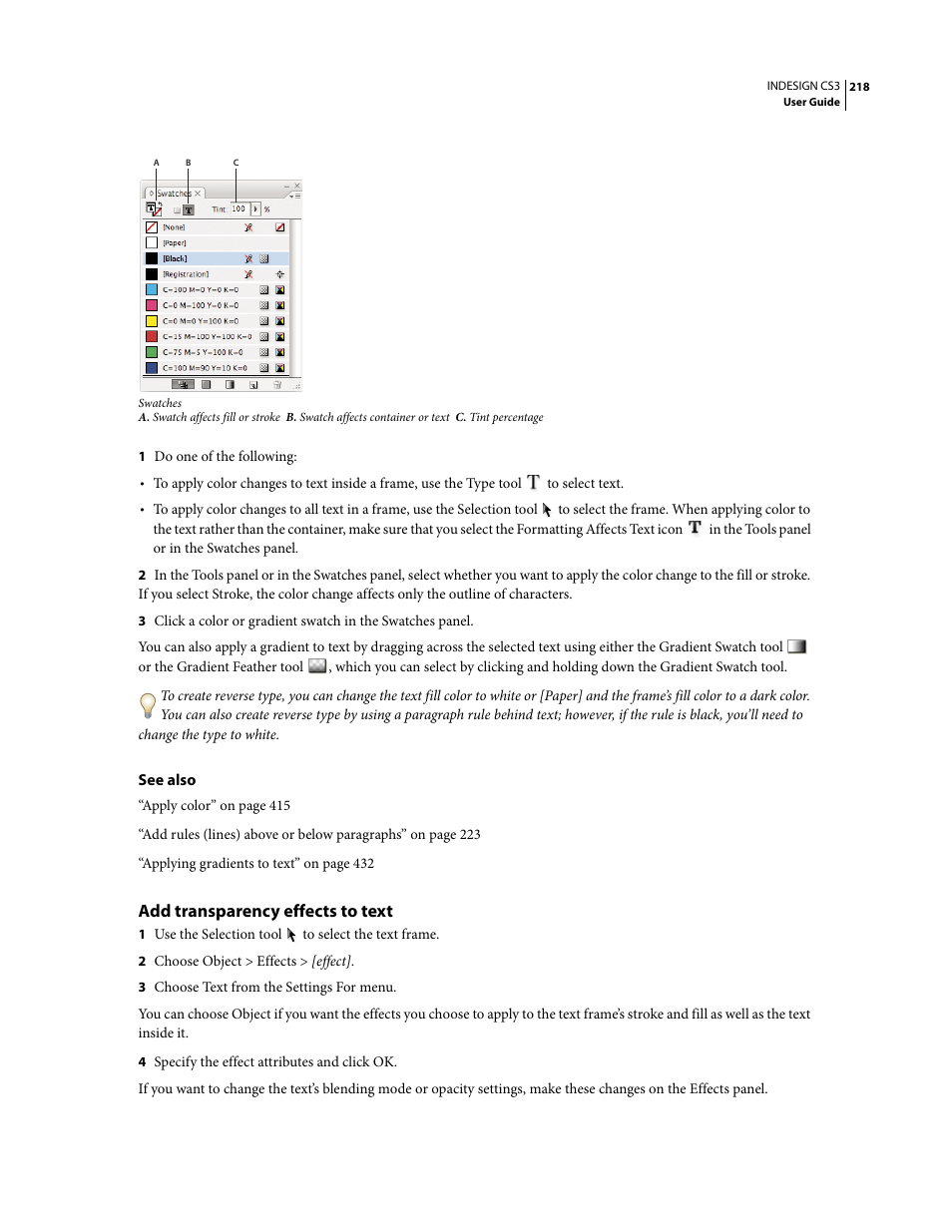 Add transparency effects to text | Adobe InDesign CS3 User Manual | Page 225 / 672