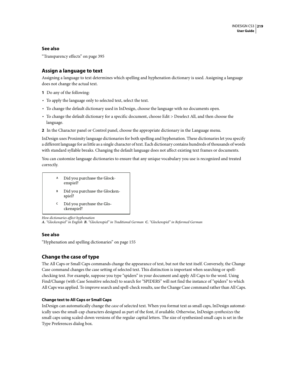 Assign a language to text, Change the case of type | Adobe InDesign CS3 User Manual | Page 226 / 672