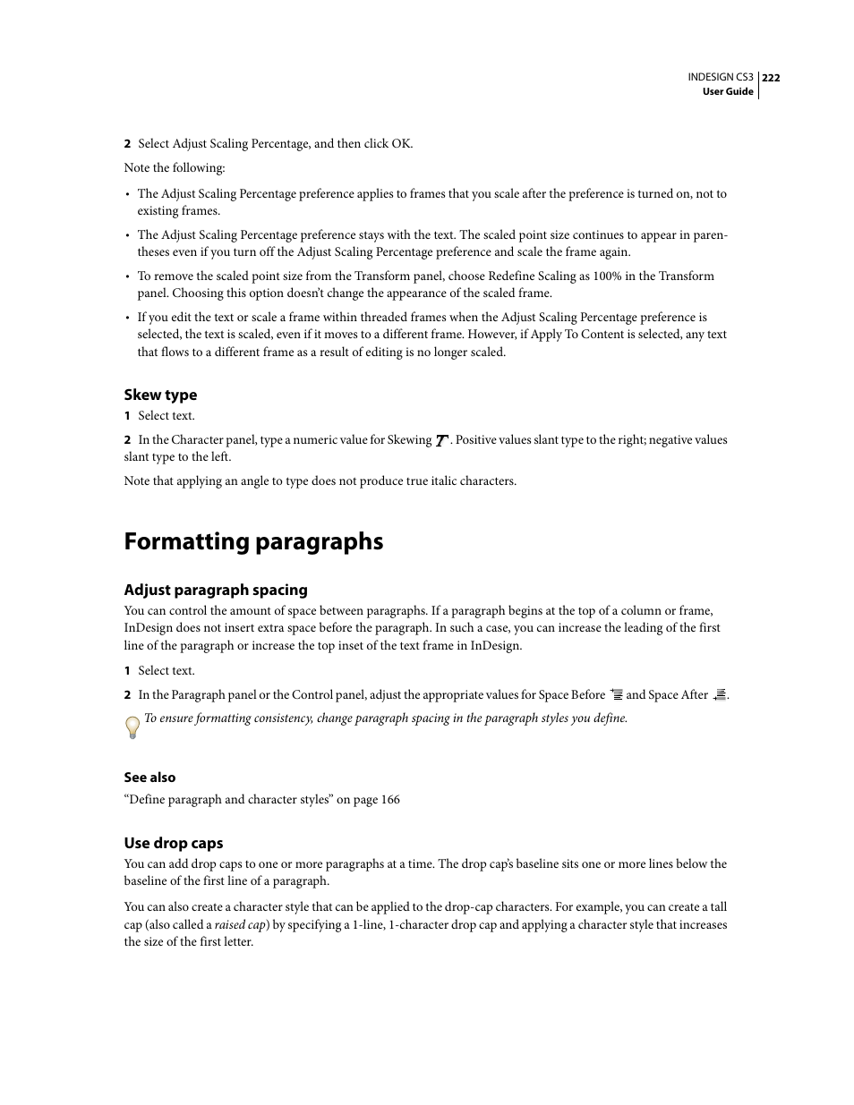 Skew type, Formatting paragraphs, Adjust paragraph spacing | Use drop caps | Adobe InDesign CS3 User Manual | Page 229 / 672