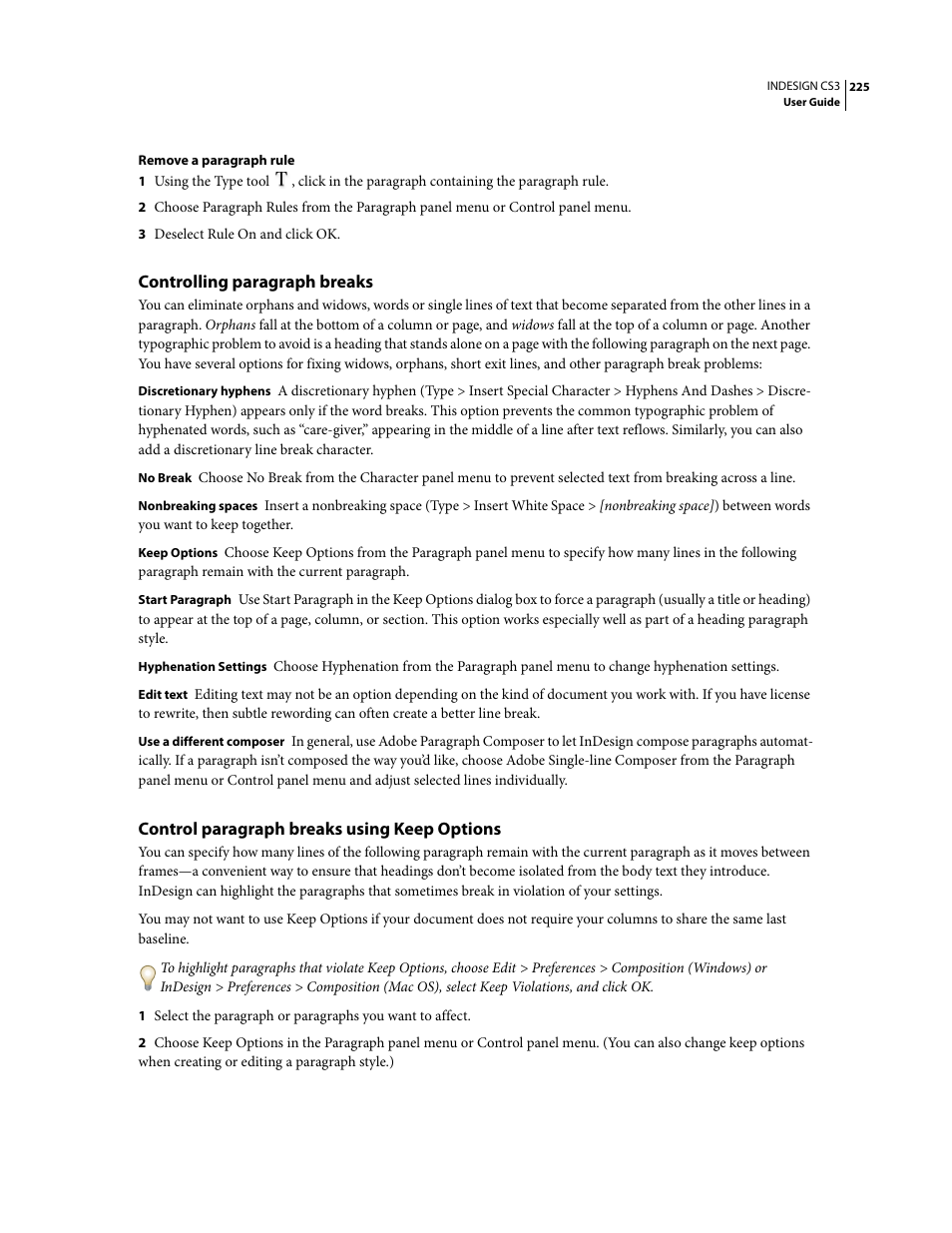 Controlling paragraph breaks, Control paragraph breaks using keep options | Adobe InDesign CS3 User Manual | Page 232 / 672