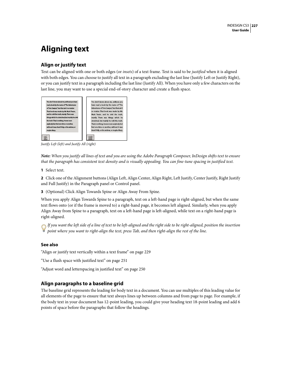 Aligning text, Align or justify text, Align paragraphs to a baseline grid | Adobe InDesign CS3 User Manual | Page 234 / 672