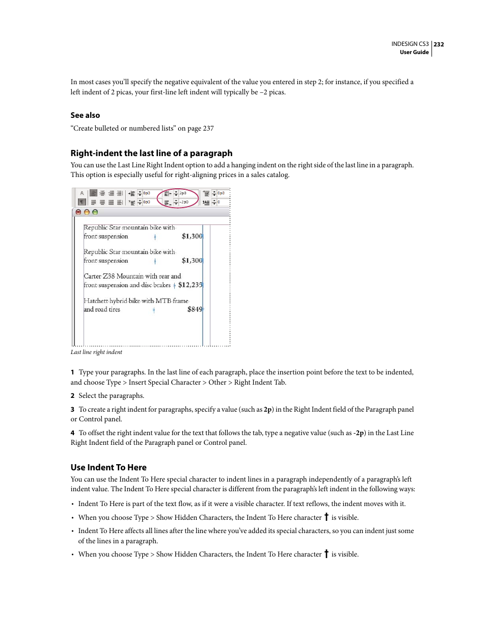 Right-indent the last line of a paragraph, Use indent to here | Adobe InDesign CS3 User Manual | Page 239 / 672
