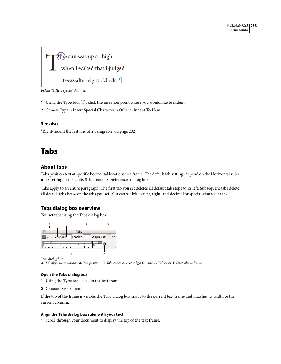 Tabs, About tabs, Tabs dialog box overview | Adobe InDesign CS3 User Manual | Page 240 / 672