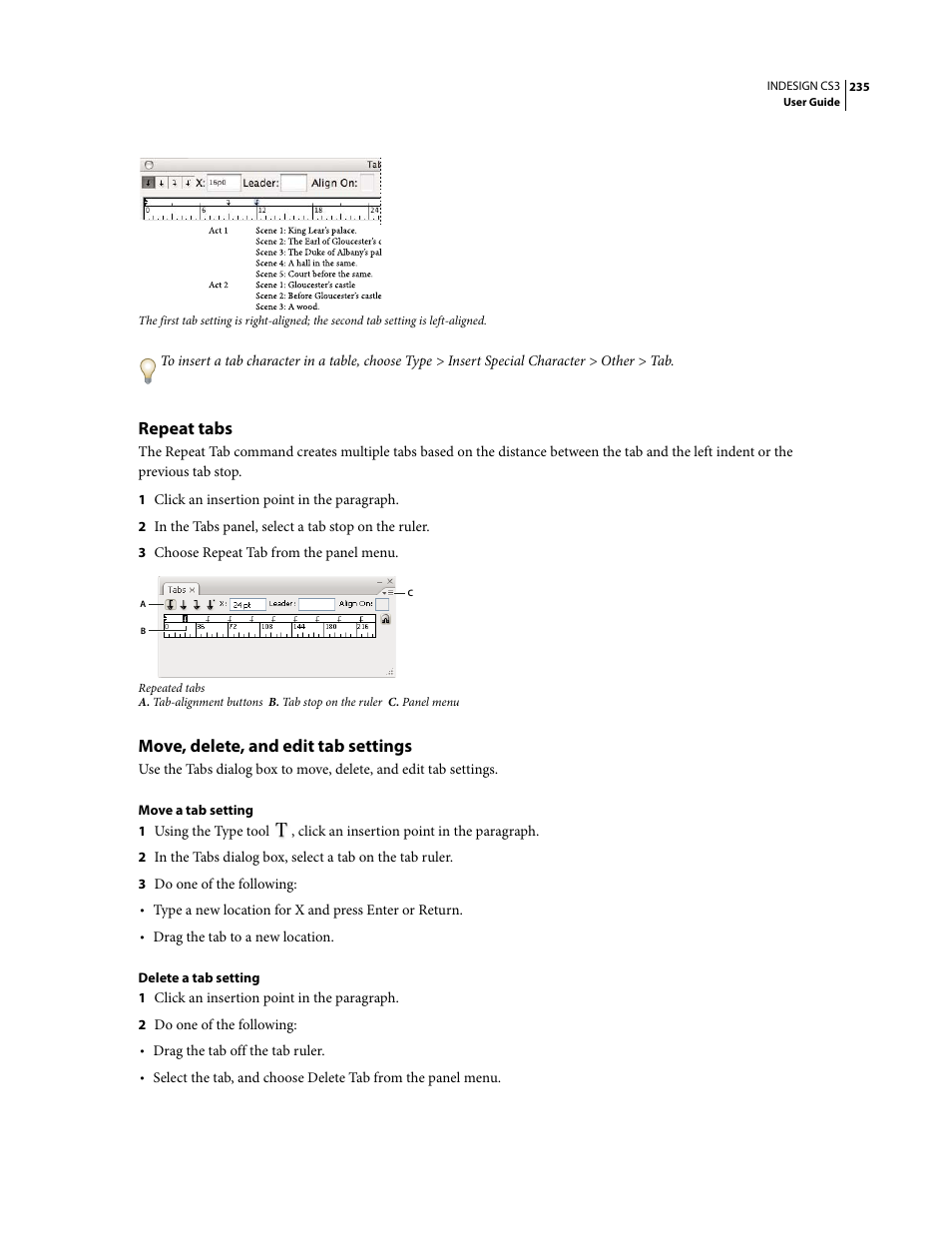 Repeat tabs, Move, delete, and edit tab settings | Adobe InDesign CS3 User Manual | Page 242 / 672