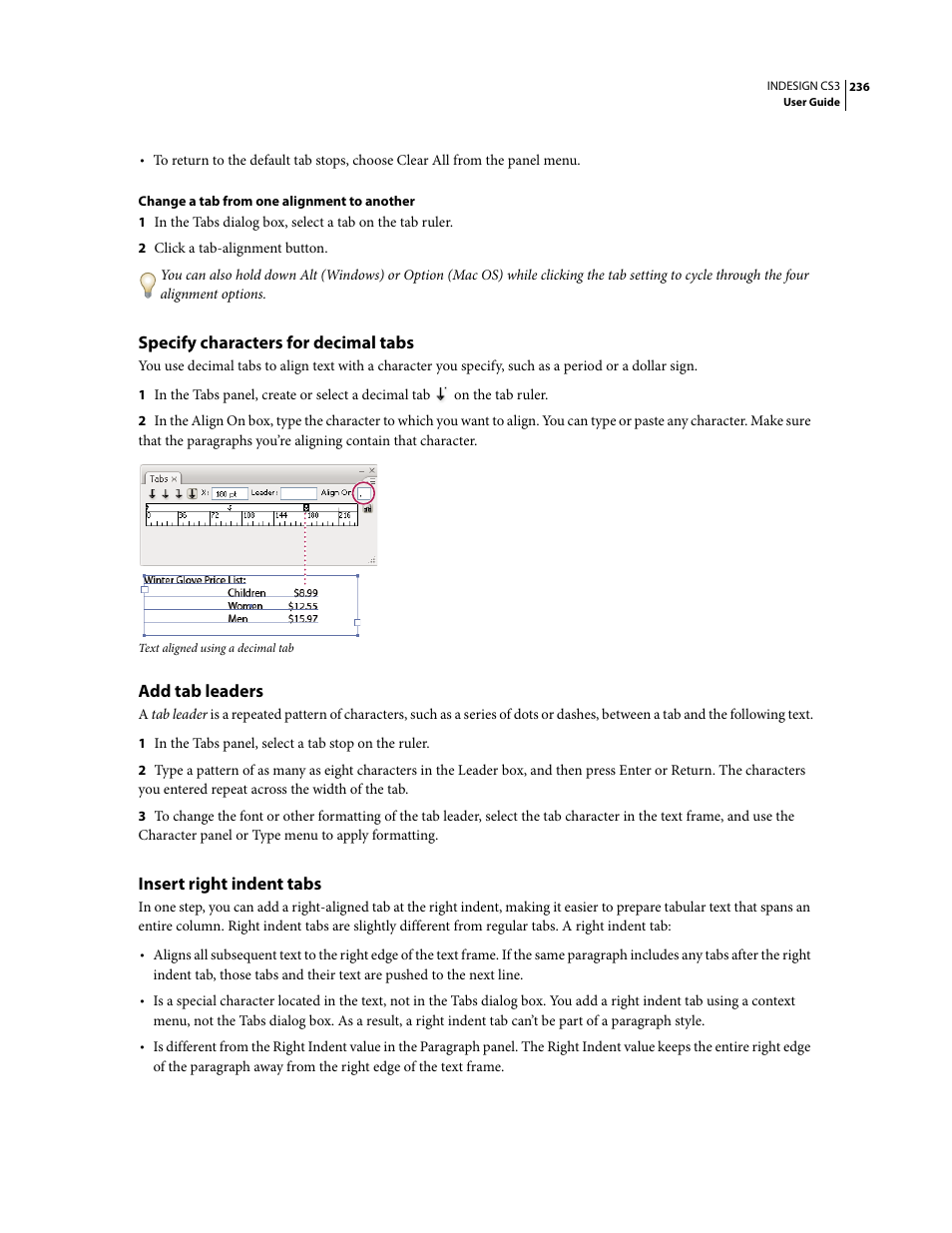 Specify characters for decimal tabs, Add tab leaders, Insert right indent tabs | Adobe InDesign CS3 User Manual | Page 243 / 672