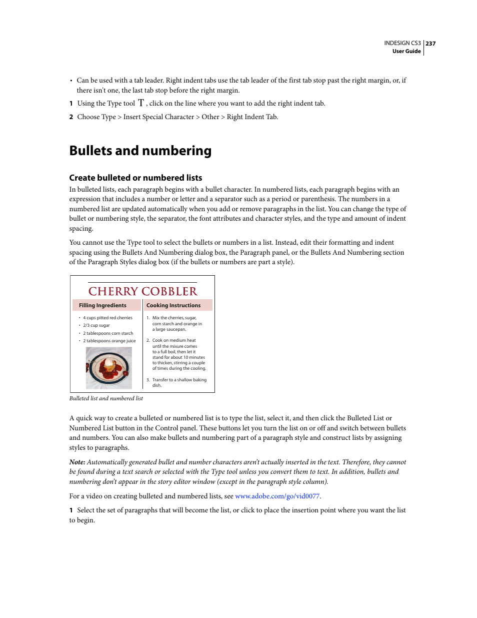 Bullets and numbering, Create bulleted or numbered lists | Adobe InDesign CS3 User Manual | Page 244 / 672