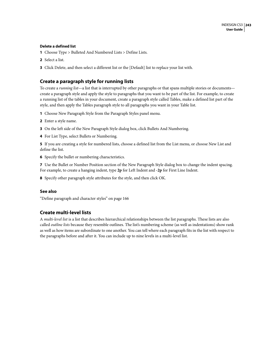 Create a paragraph style for running lists, Create multi-level lists | Adobe InDesign CS3 User Manual | Page 250 / 672