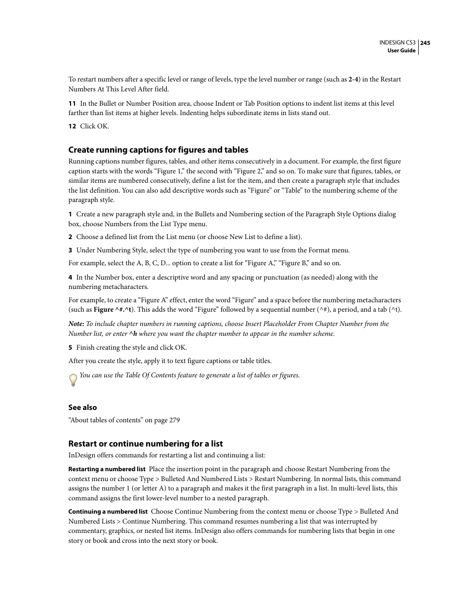 Create running captions for figures and tables, Restart or continue numbering for a list | Adobe InDesign CS3 User Manual | Page 252 / 672