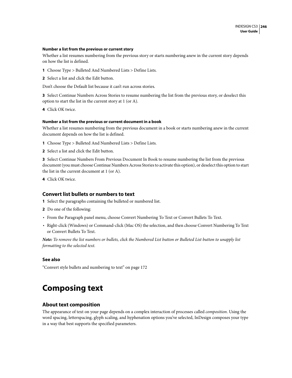 Convert list bullets or numbers to text, Composing text, About text composition | Adobe InDesign CS3 User Manual | Page 253 / 672