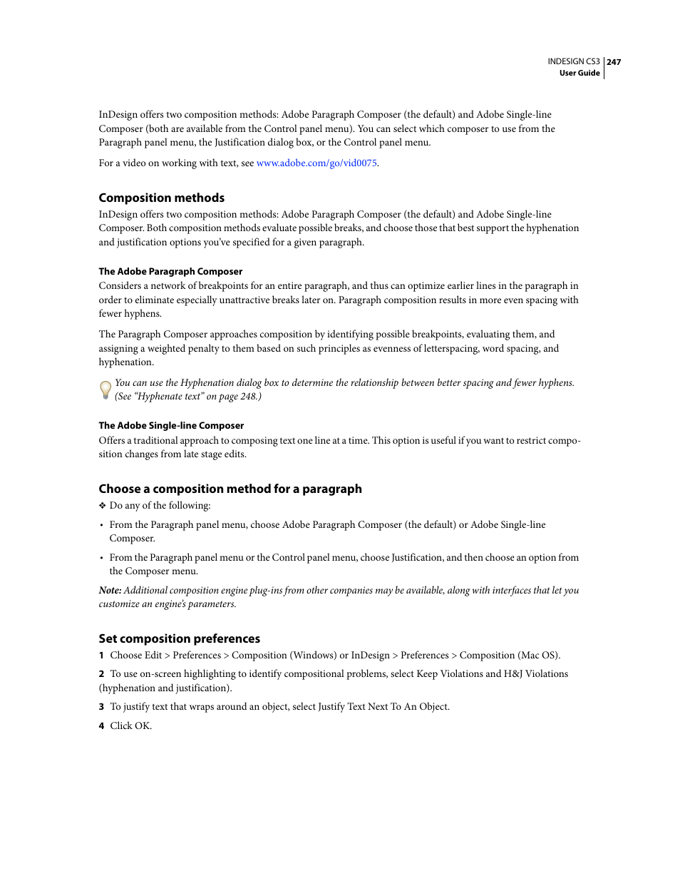 Composition methods, Choose a composition method for a paragraph, Set composition preferences | Adobe InDesign CS3 User Manual | Page 254 / 672