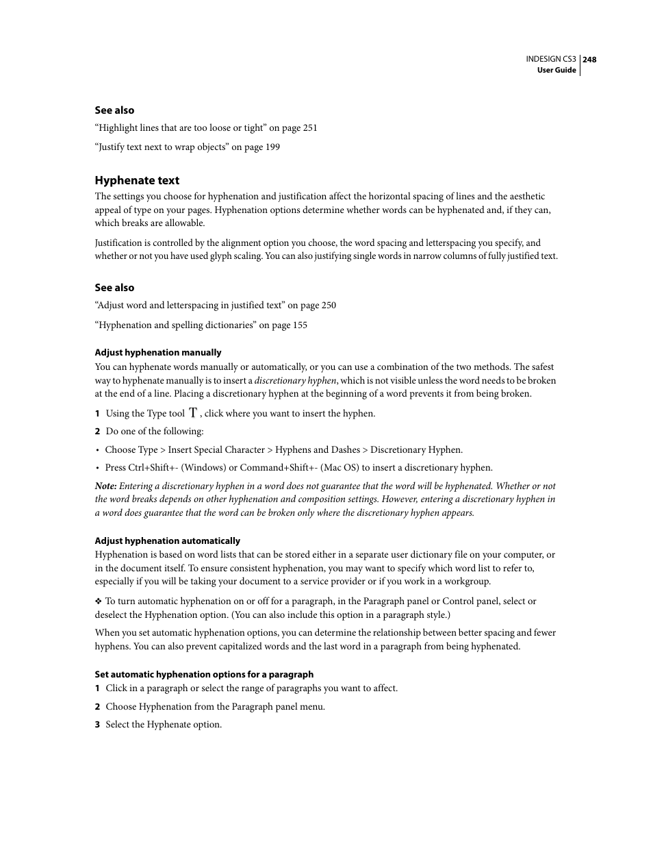 Hyphenate text | Adobe InDesign CS3 User Manual | Page 255 / 672