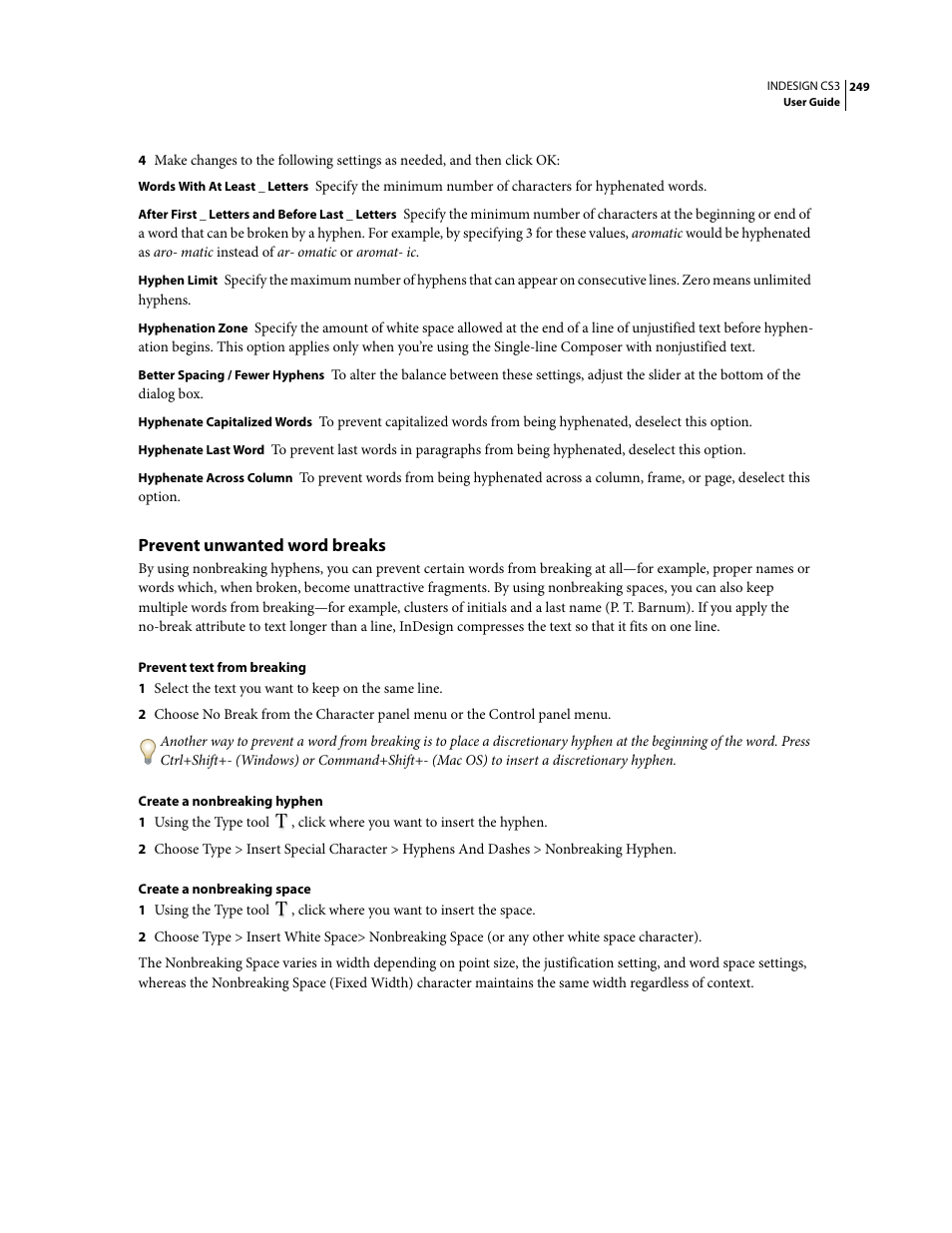 Prevent unwanted word breaks | Adobe InDesign CS3 User Manual | Page 256 / 672