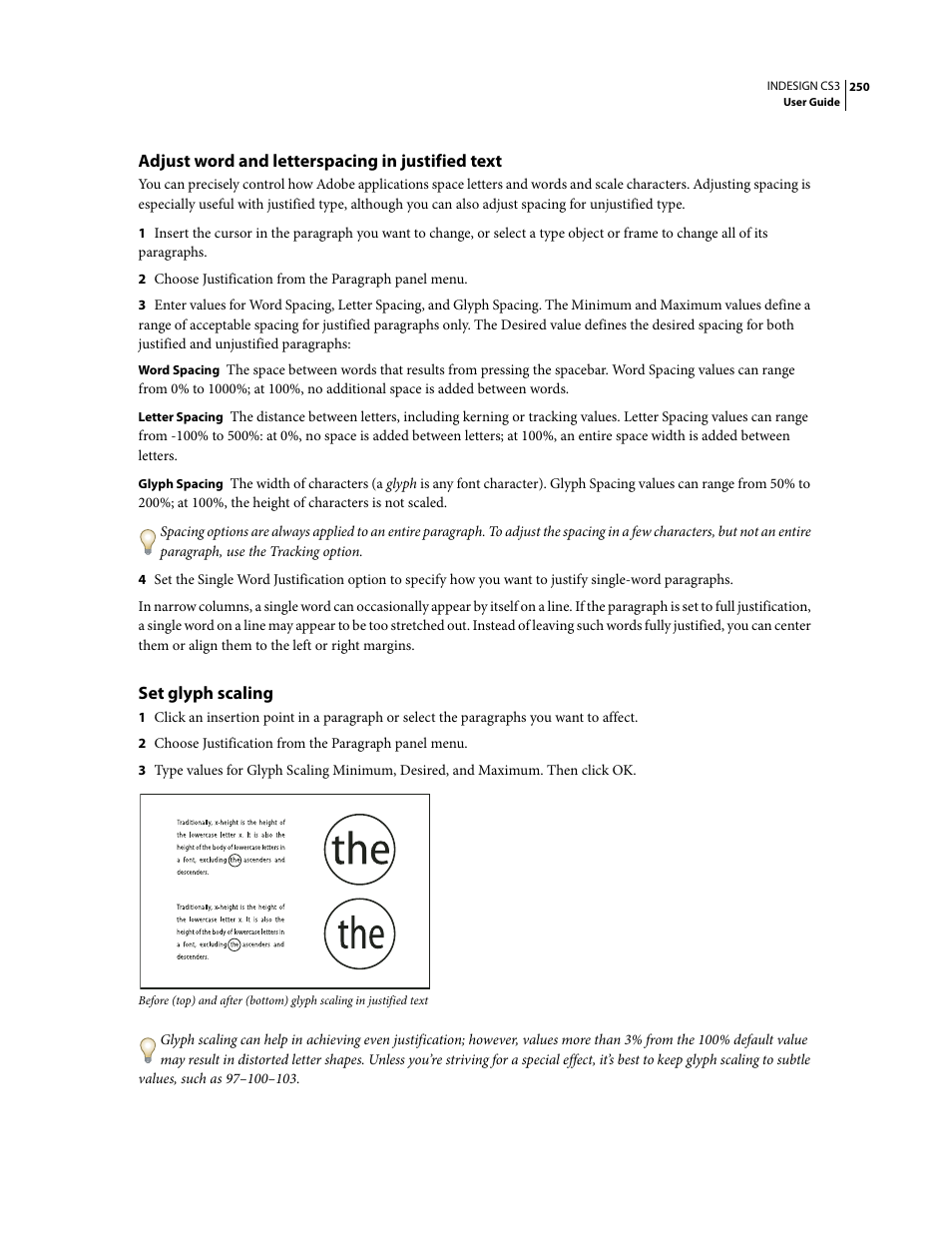 Adjust word and letterspacing in justified text, Set glyph scaling | Adobe InDesign CS3 User Manual | Page 257 / 672