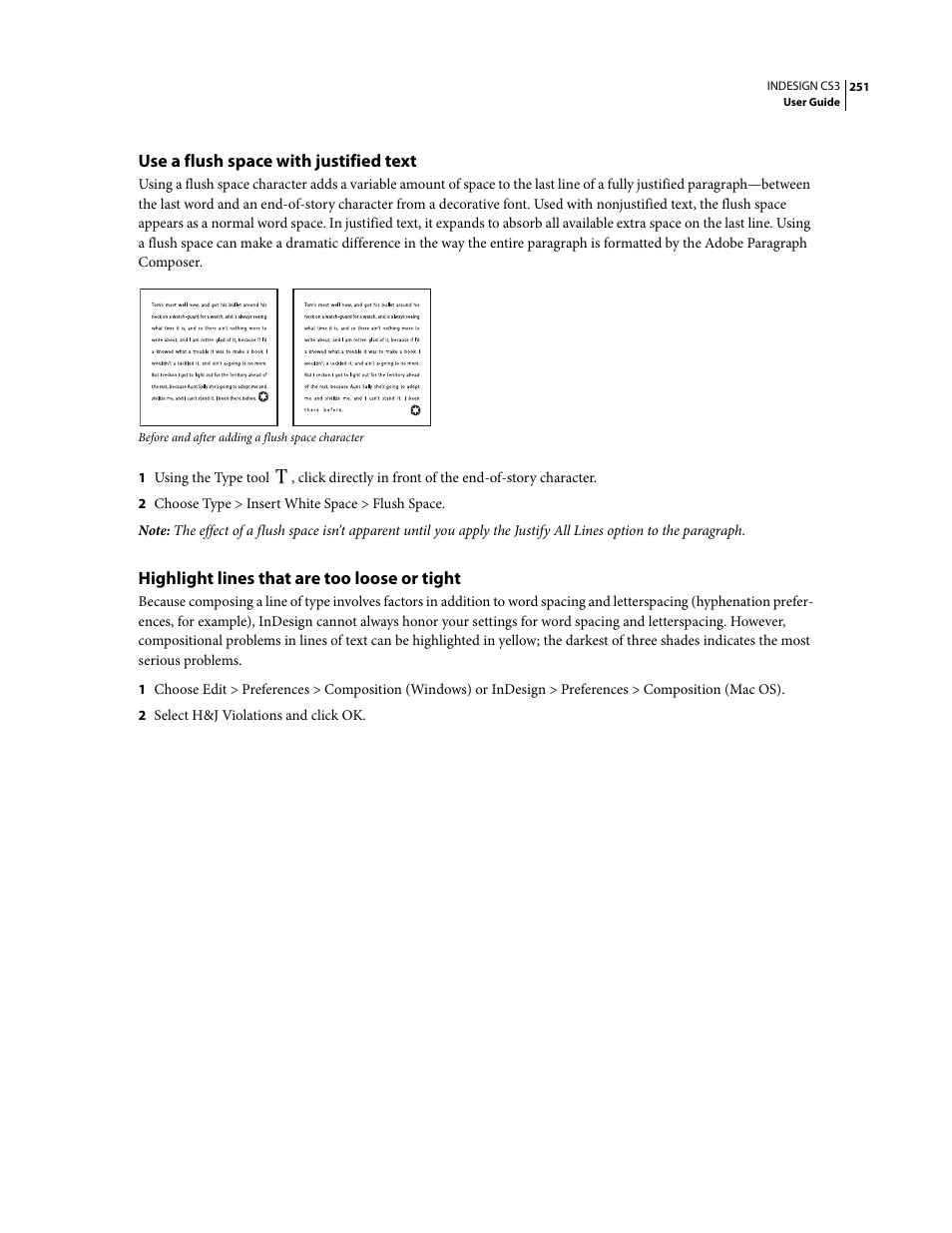 Use a flush space with justified text, Highlight lines that are too loose or tight | Adobe InDesign CS3 User Manual | Page 258 / 672