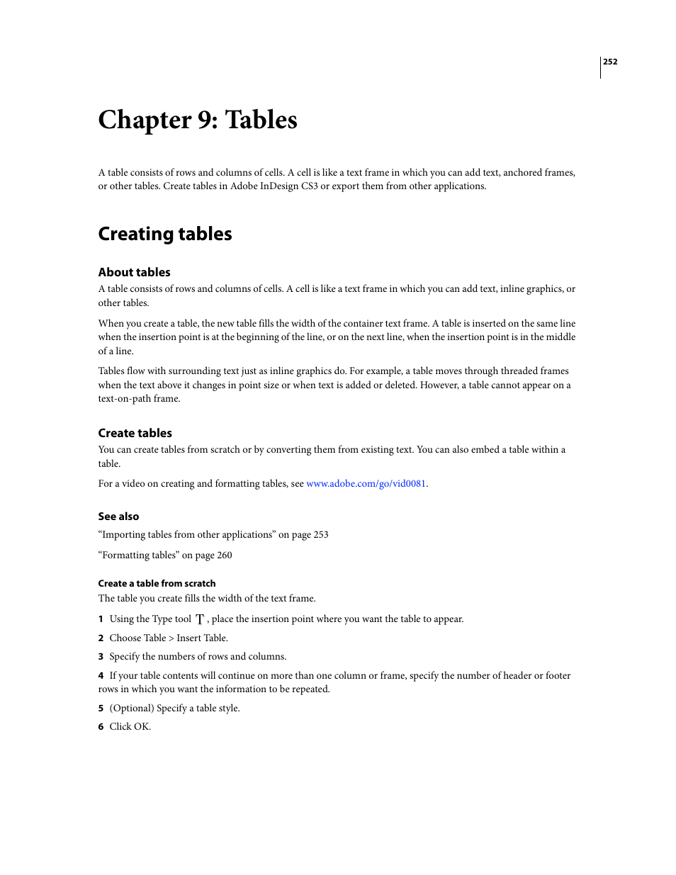 Chapter 9: tables, Creating tables, About tables | Create tables | Adobe InDesign CS3 User Manual | Page 259 / 672