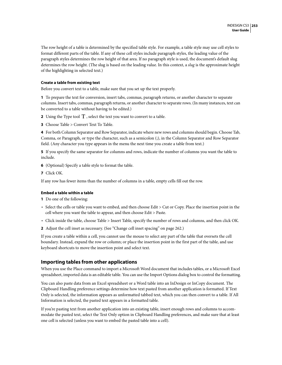 Importing tables from other applications | Adobe InDesign CS3 User Manual | Page 260 / 672
