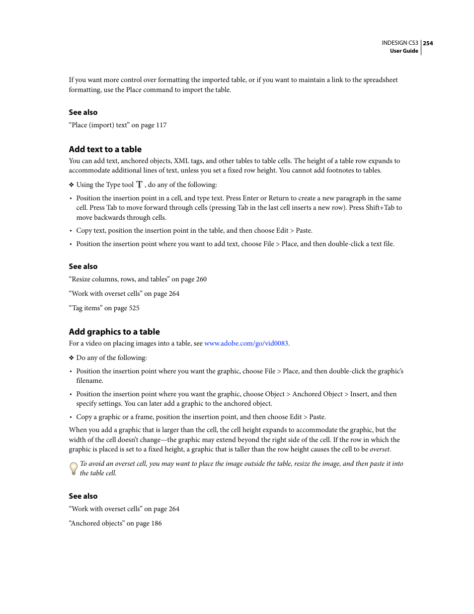 Add text to a table, Add graphics to a table | Adobe InDesign CS3 User Manual | Page 261 / 672