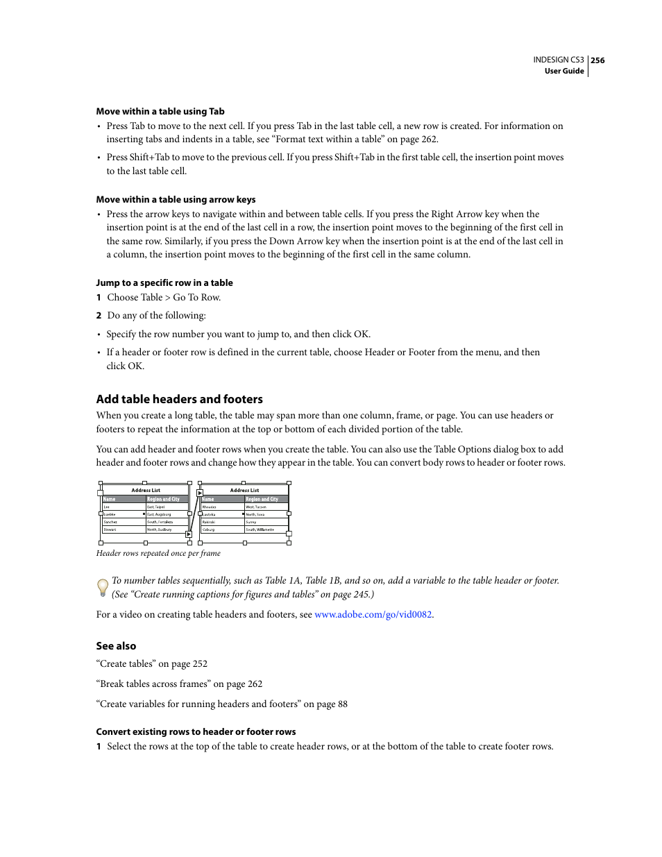 Add table headers and footers | Adobe InDesign CS3 User Manual | Page 263 / 672