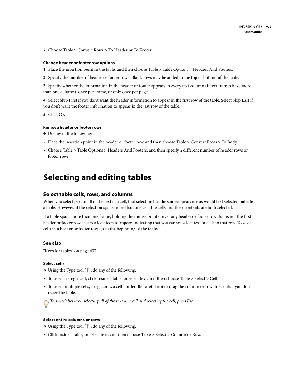 Selecting and editing tables, Select table cells, rows, and columns | Adobe InDesign CS3 User Manual | Page 264 / 672
