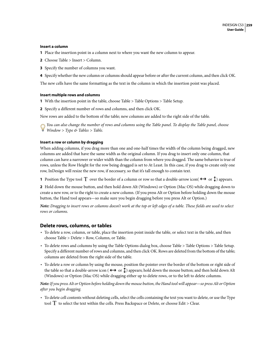 Delete rows, columns, or tables | Adobe InDesign CS3 User Manual | Page 266 / 672