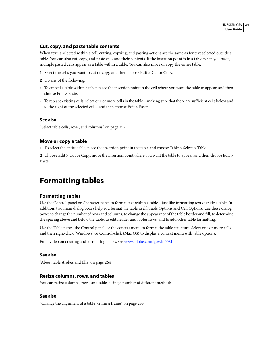 Cut, copy, and paste table contents, Move or copy a table, Formatting tables | Resize columns, rows, and tables | Adobe InDesign CS3 User Manual | Page 267 / 672