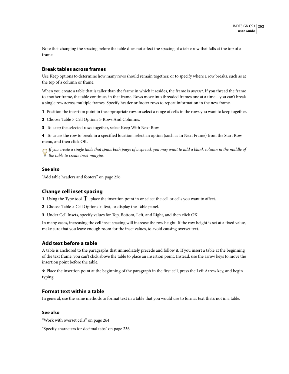 Break tables across frames, Change cell inset spacing, Add text before a table | Format text within a table | Adobe InDesign CS3 User Manual | Page 269 / 672