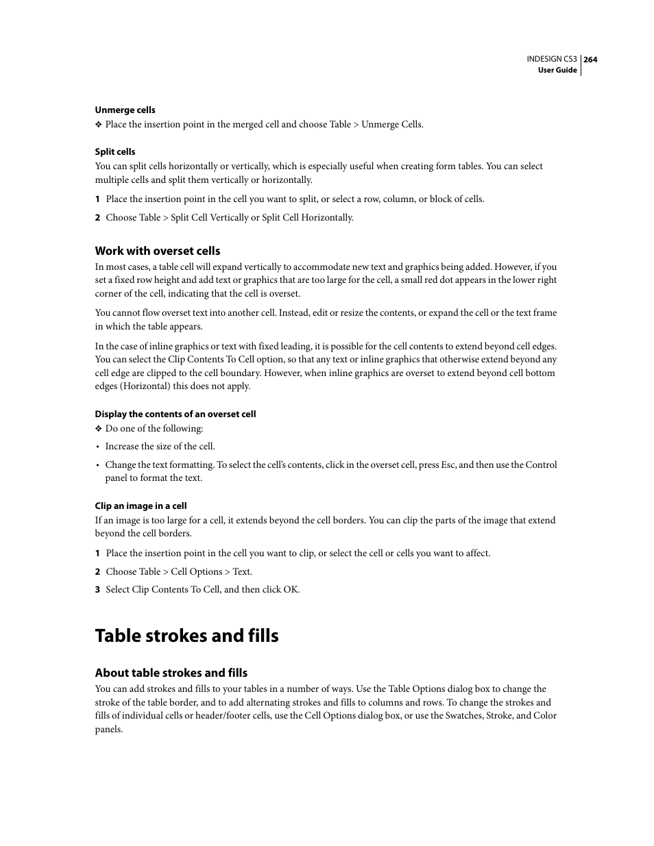 Work with overset cells, Table strokes and fills, About table strokes and fills | Adobe InDesign CS3 User Manual | Page 271 / 672