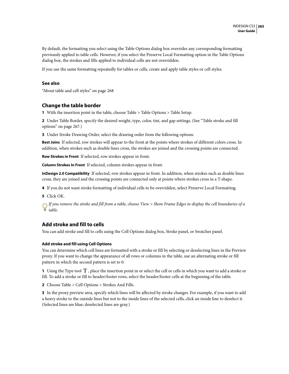 Change the table border, Add stroke and fill to cells | Adobe InDesign CS3 User Manual | Page 272 / 672