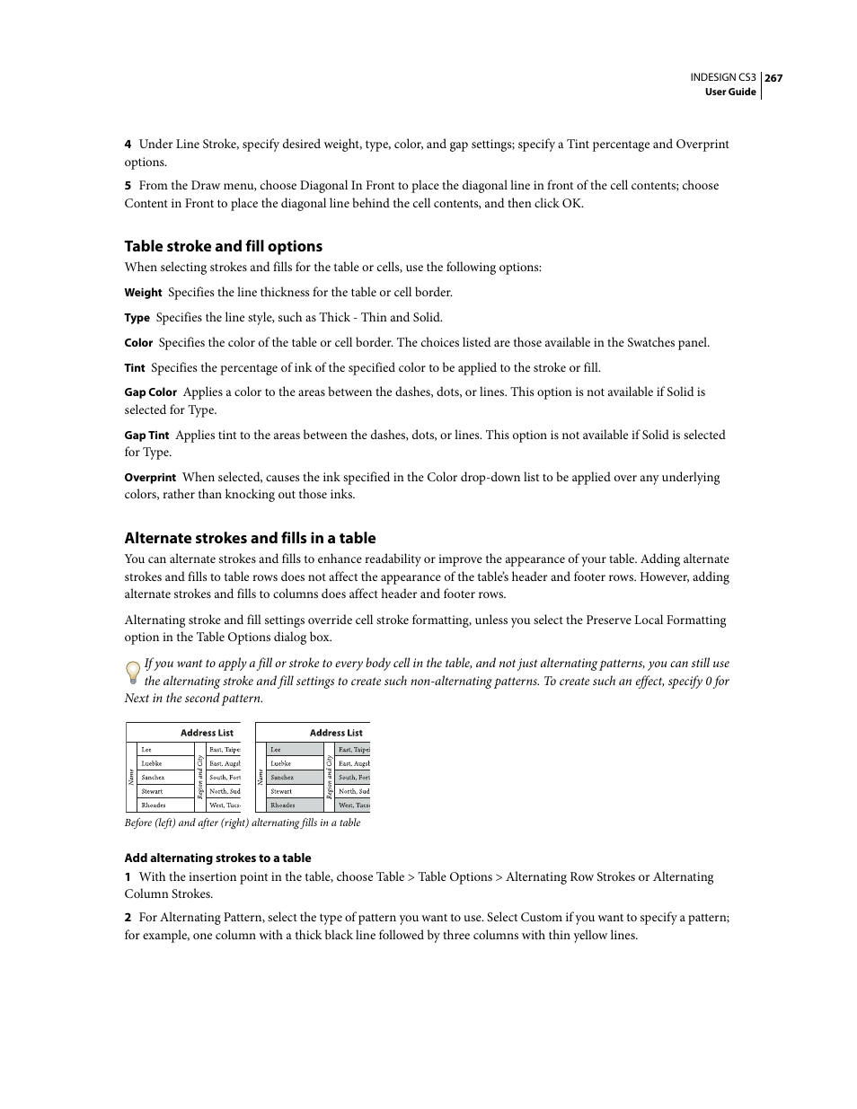 Table stroke and fill options, Alternate strokes and fills in a table | Adobe InDesign CS3 User Manual | Page 274 / 672