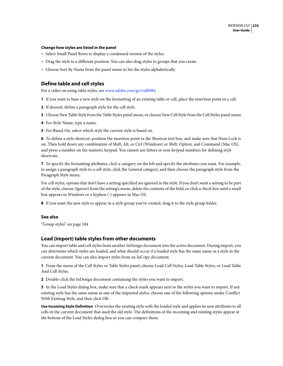 Define table and cell styles, Load (import) table styles from other documents | Adobe InDesign CS3 User Manual | Page 277 / 672