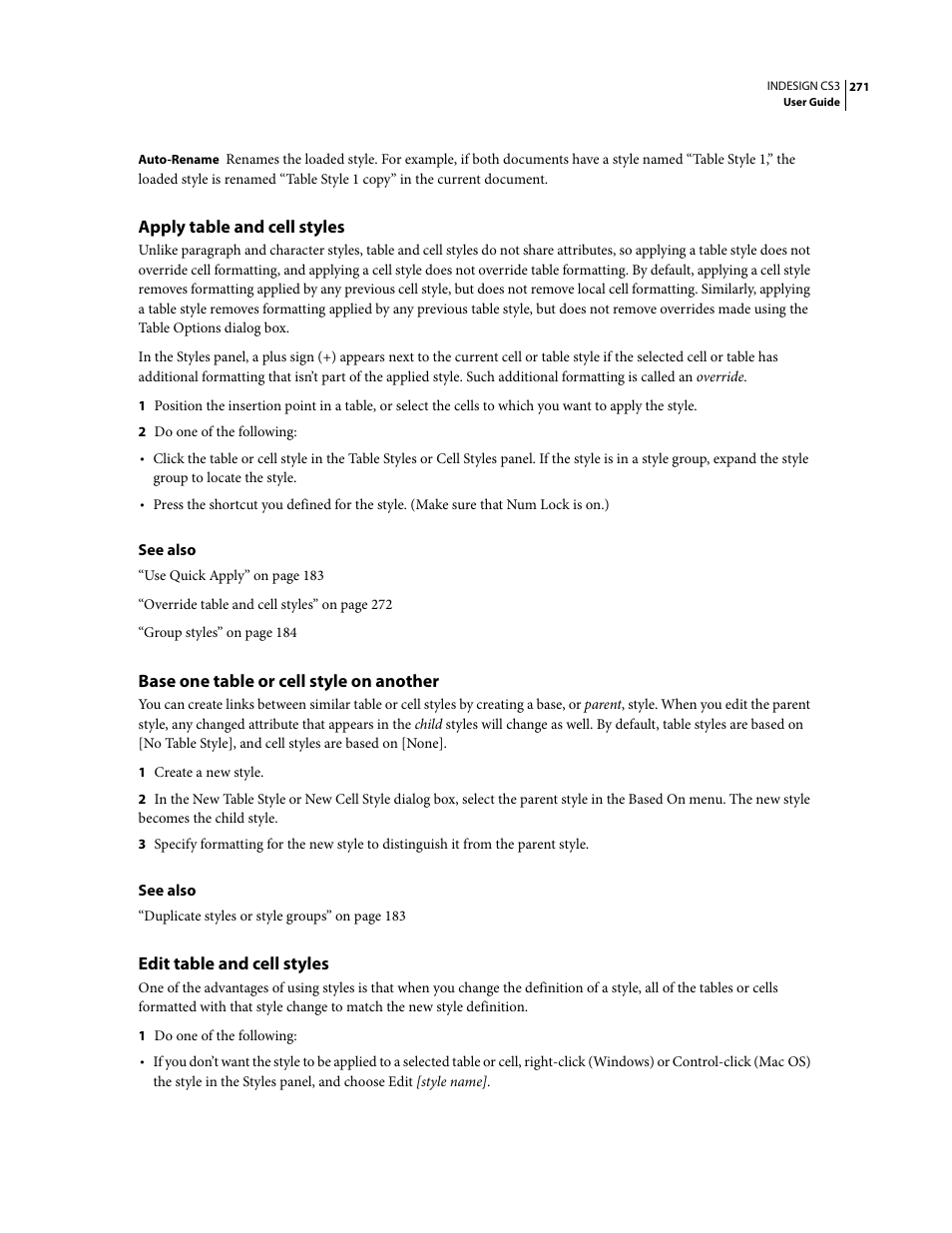Apply table and cell styles, Base one table or cell style on another, Edit table and cell styles | Adobe InDesign CS3 User Manual | Page 278 / 672