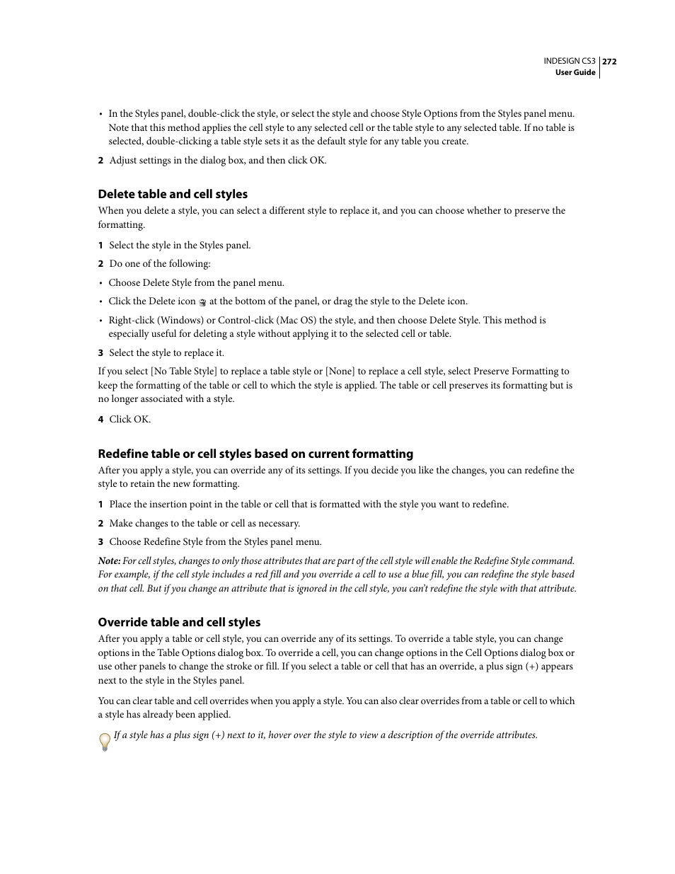 Delete table and cell styles, Override table and cell styles | Adobe InDesign CS3 User Manual | Page 279 / 672