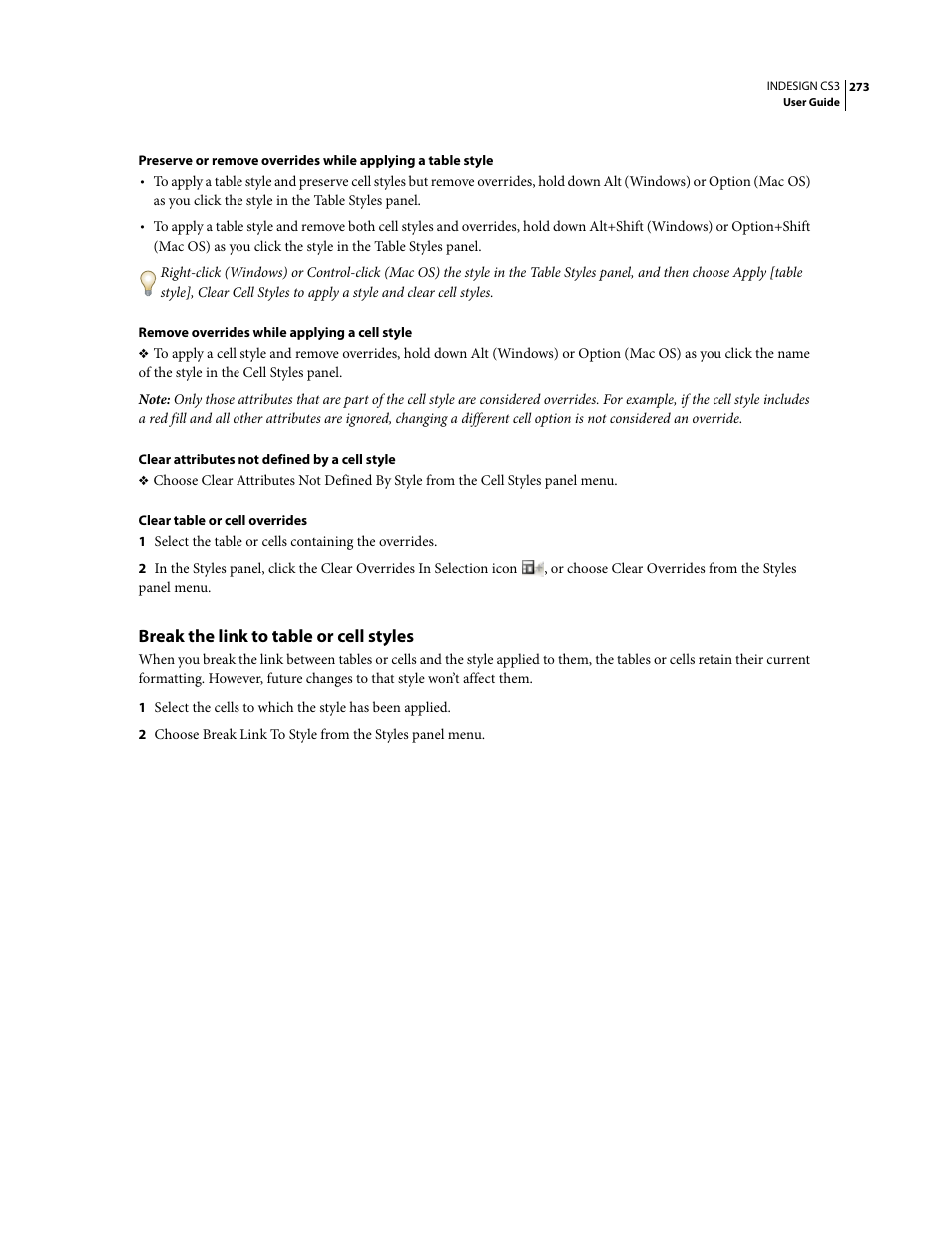 Break the link to table or cell styles | Adobe InDesign CS3 User Manual | Page 280 / 672