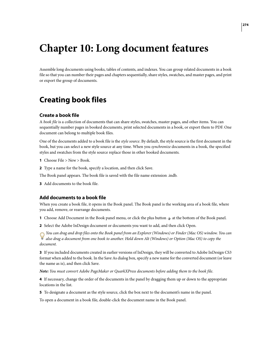 Chapter 10: long document features, Creating book files, Create a book file | Add documents to a book file | Adobe InDesign CS3 User Manual | Page 281 / 672