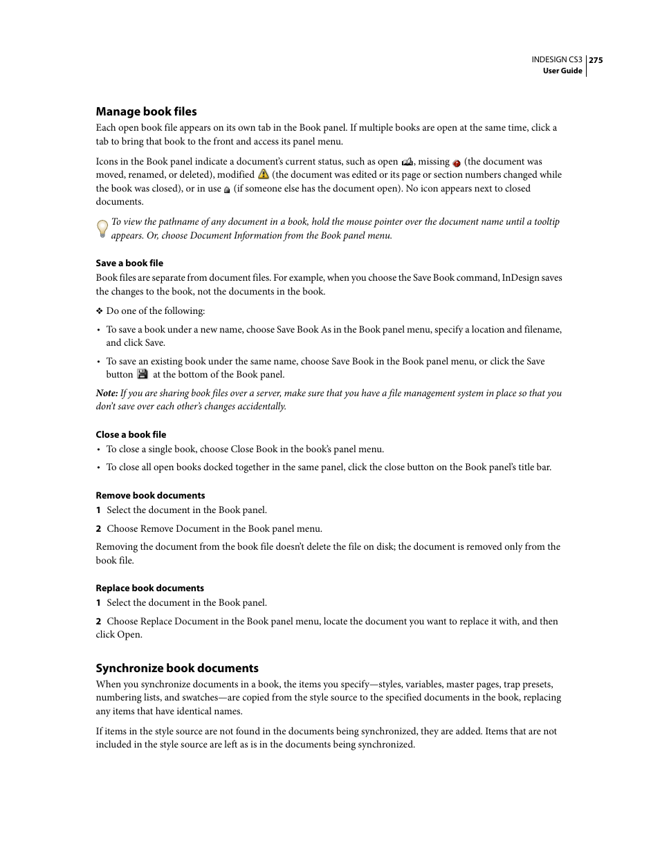 Manage book files, Synchronize book documents | Adobe InDesign CS3 User Manual | Page 282 / 672