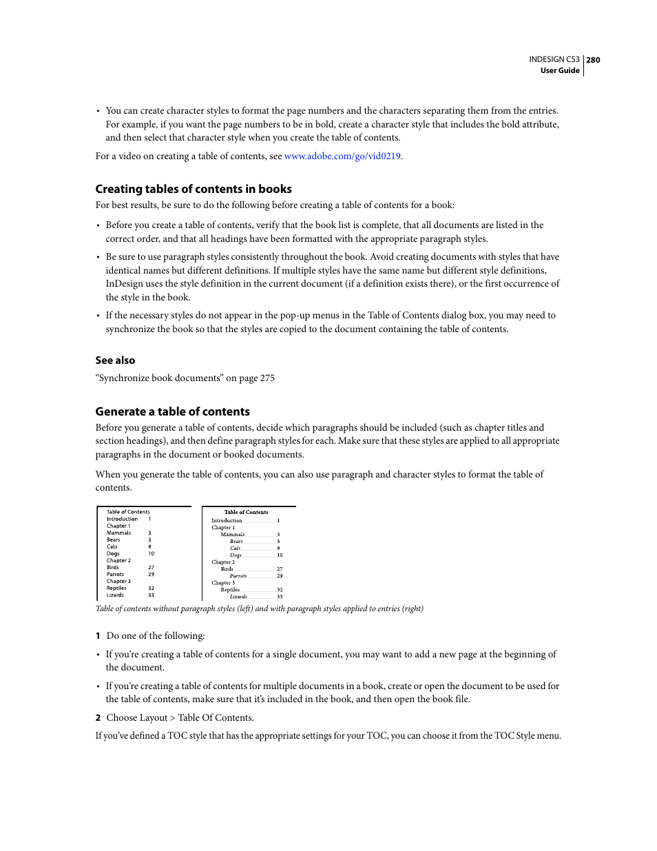 Creating tables of contents in books, Generate a table of contents | Adobe InDesign CS3 User Manual | Page 287 / 672